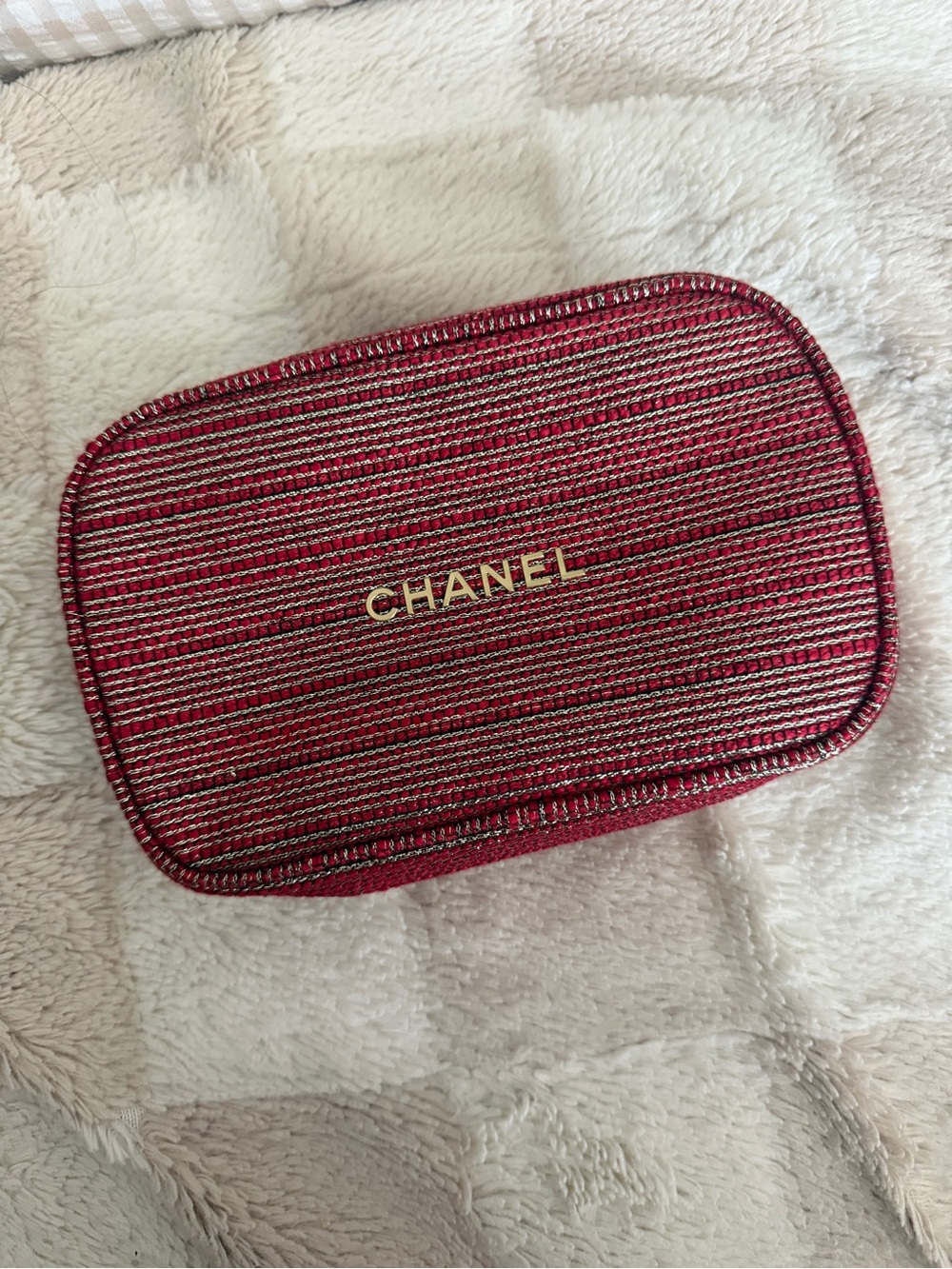 chanel beauty Red and Metallic Stripe Phone Pouch with Gold Logo